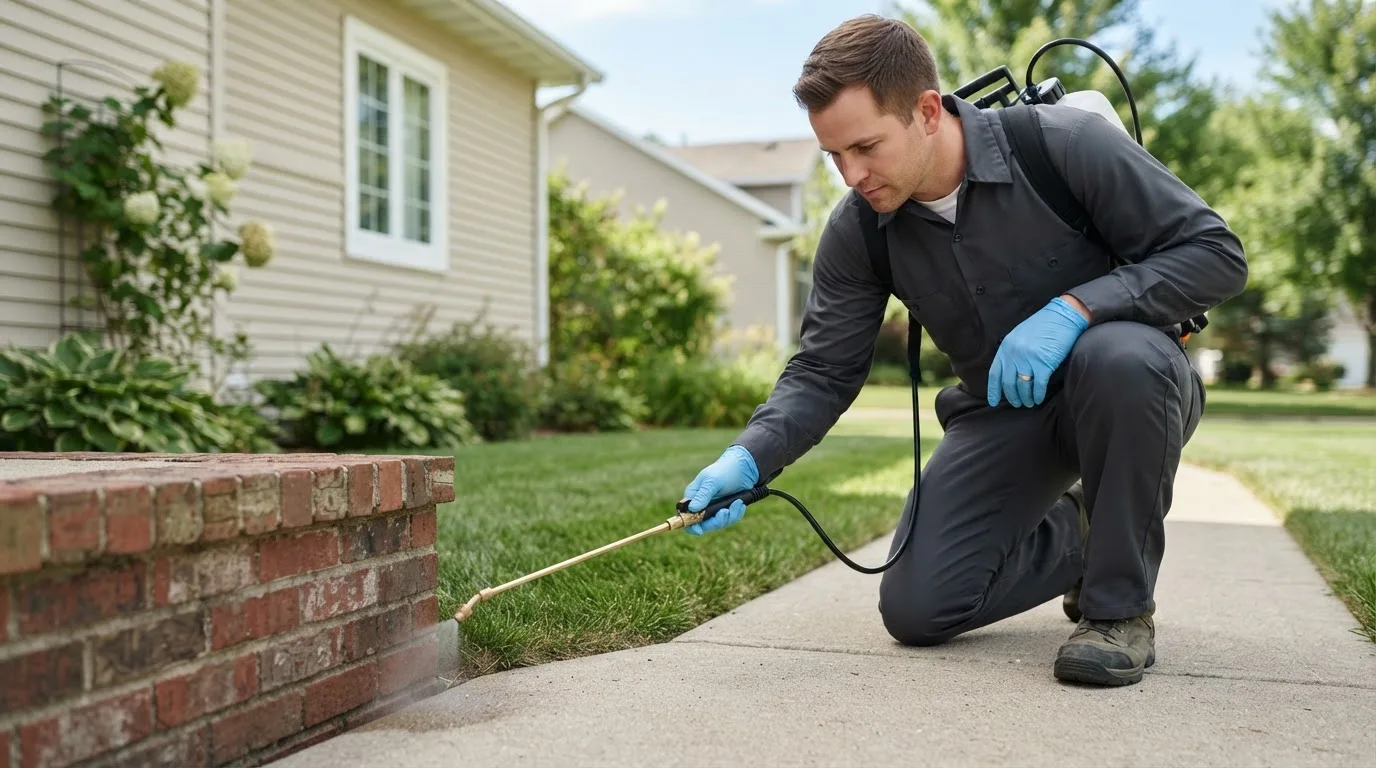 Pest control technician treating a home near Lowber, PA